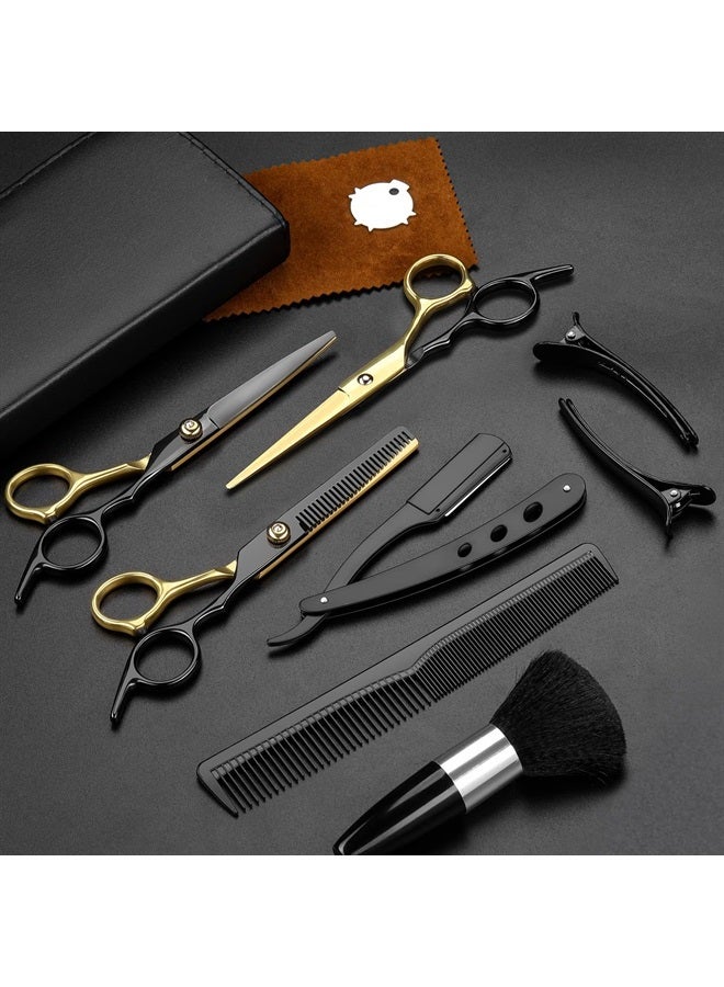 Hair Scissors,11Pcs Professional Black Gold Hair Cutting Scissors Shears Sets,Stainless Steel Barber Scissors Supplies,Straight Shears, Thinning Shears, Multi Use Haircut Sets for Home Salon Barber