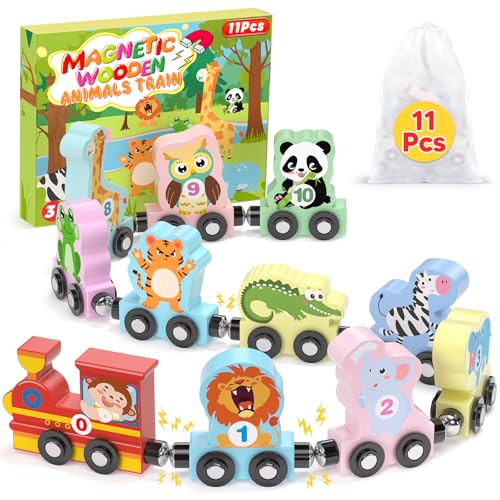 Oomloid 11 Pcs Magnetic Train Set Montessori Toys for 1 2 3 Years Old Toddlers Boys Girls Wooden Animals Preschool Learning Easter Basket Stuffers Sensory Toys Birthday Gifts Ages 13 24 - Image 1