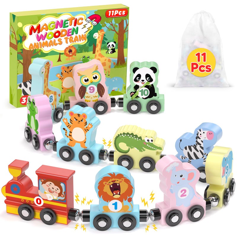 Oomloid 11 Pcs Magnetic Train Set Montessori Toys for 1 2 3 Years Old Toddlers Boys Girls Wooden Animals Preschool Learning Easter Basket Stuffers Sensory Toys Birthday Gifts Ages 13 24 - Image 2