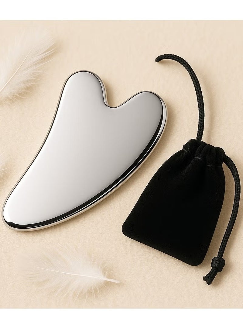 Stainless Steel Gua Sha - Metal, Gua Sha Facial Tools Stainless Steel, Reduce Puffiness, Lymphatic Drainage, Facial Tension for Body Eye Neck Skin Massager with Travel Bag (Heart Shaped Model) - Image 1