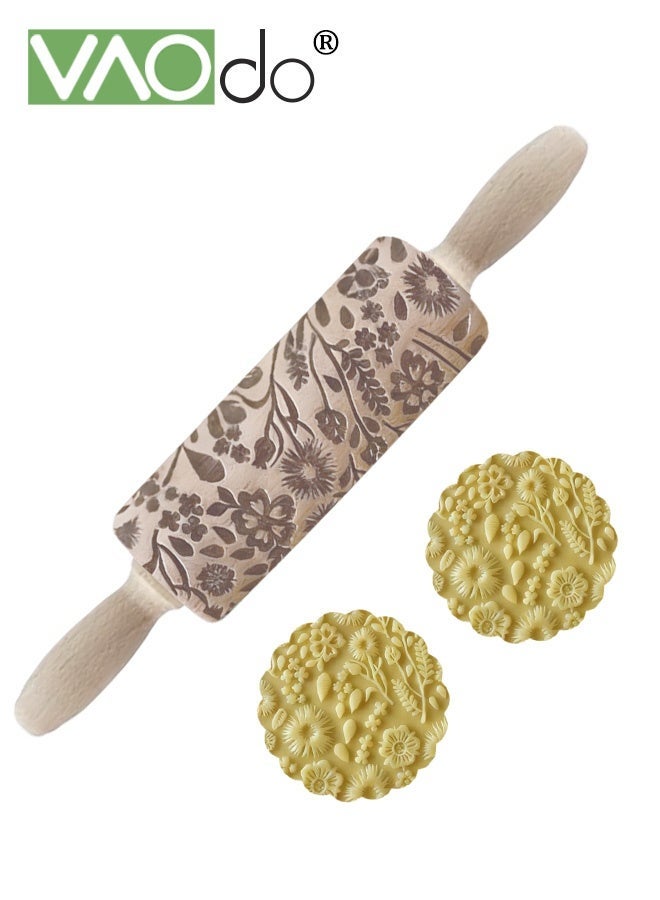 فاو دو دبابيس عجين خشبية منقوشة للخبز، دبابيس عجين منقوشة بعمق، بنقشة زهور وأوراق، تصاميم لخبز البسكويت، طوابع، أسطوانة، أدوات يدوية - Image 1