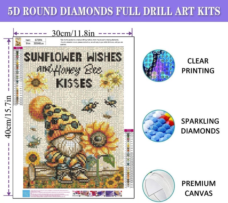 Fotasmua Gnome Diamond Painting Kits for Adults, Gnome Sunflower Bee Diamond Art Kits for Adults Beginners, 5D DIY Full Drill Round Gem Art Craft Painting for Home Wall Decor 12 x 16 Inch - Image 4