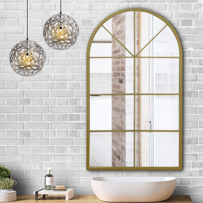 LARGE ARCHED GRID MIRROR GOLD WINDOWPANE MIRROR 433X255 WINDOW FINISHED METAL MIRRORS FOR DECOR LIVING ROOM FIREPLACE ENTRYWAY BEDROOM HALLWAY