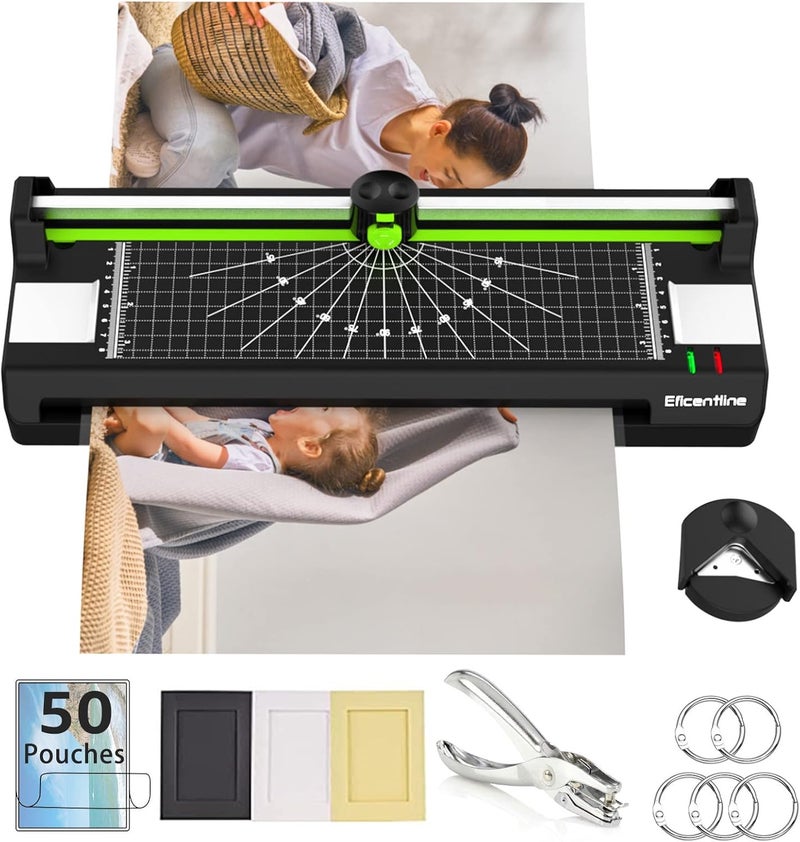 Eficentline Laminator Machine for A3/A4/A6, Thermal Laminating Machine for Home Office School Use with 50 Pouches, Paper Trimmer and Corner Rounder (Green) - Image 1