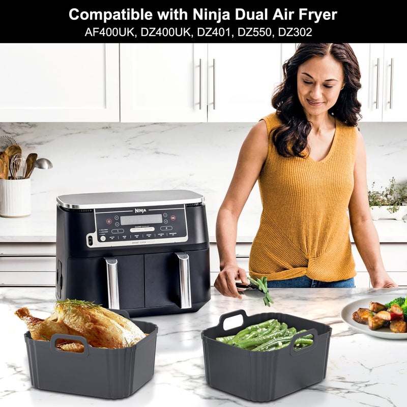 PINTAUR 10QT Silicone Air Fryer Liners 2 Pack for Ninja Foodi Dual Zone DZ550 DZ401 DZ550GY DZ302, Reusable 2-Basket Large Thickened Trays, 6-in-1 DualZone Airfyer Accessories - Image 4