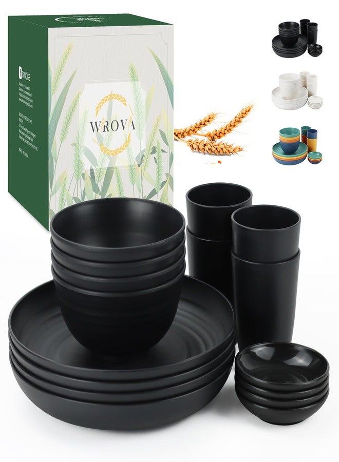 Wrova Wheat straw dinnerware sets of 16-10 inches plates,26oz bowls,2oz dipping bowls,12ozcups - Unbreakable plates and bowls sets microwave safe and dishwasher safe. Black - Image 1