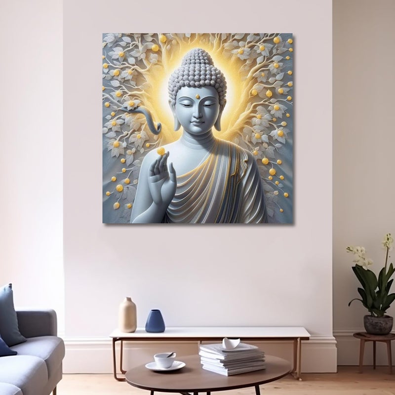 Olive Tree Wooden Wall Art Canvas Painting for Home Bedroom Living RoomEngineered Wood FrameModern Stylish Gautam Buddha Hanging Wall Art Painting for Wall Decoration24 x 24 inch Multicolour - Image 1