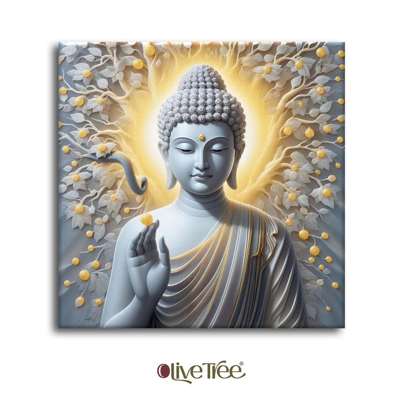 Olive Tree Wooden Wall Art Canvas Painting for Home Bedroom Living RoomEngineered Wood FrameModern Stylish Gautam Buddha Hanging Wall Art Painting for Wall Decoration24 x 24 inch Multicolour - Image 3