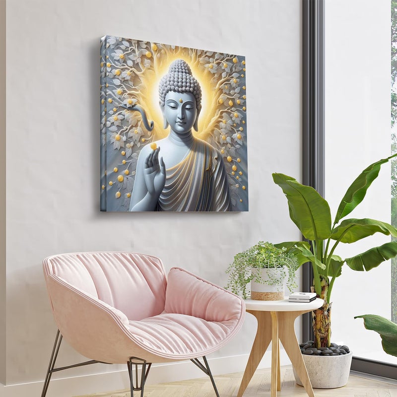 Olive Tree Wooden Wall Art Canvas Painting for Home Bedroom Living RoomEngineered Wood FrameModern Stylish Gautam Buddha Hanging Wall Art Painting for Wall Decoration24 x 24 inch Multicolour - Image 4