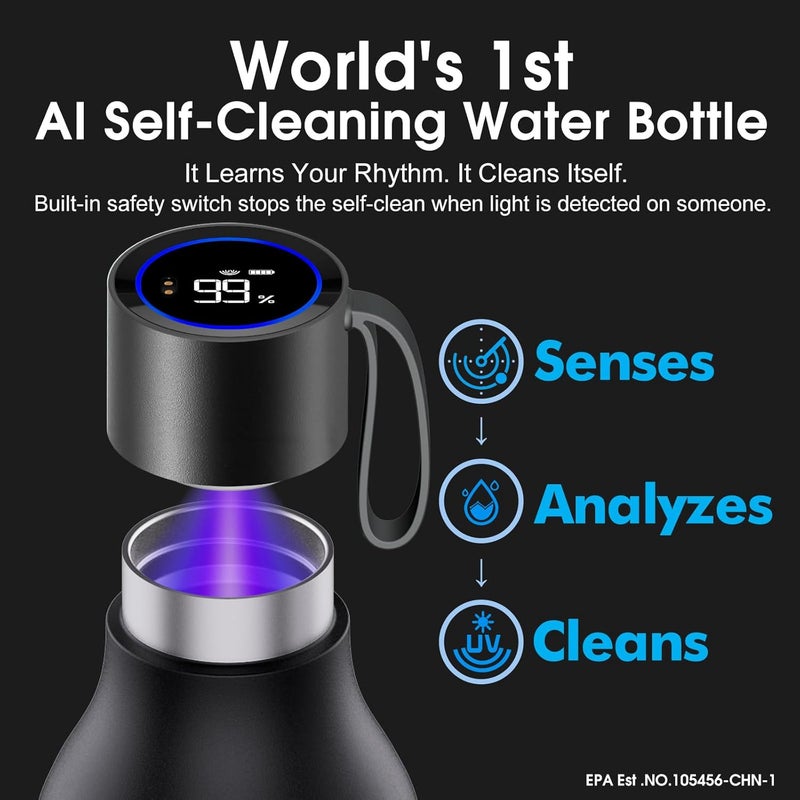 vsitoo 33oz Smart Self Cleaning Water Bottle，Insulated Water Bottle with Stainless Steel, BPA-Free, AI Self-Clean, 30-Day Battery, Magnetic Charging for Travel, Gym or Office, Black - Image 2