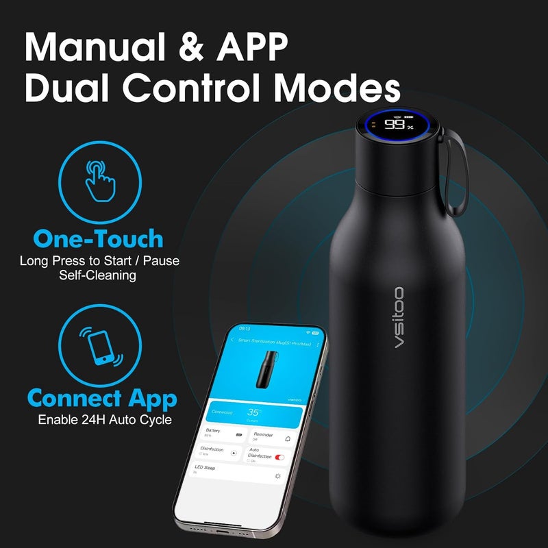 vsitoo 33oz Smart Self Cleaning Water Bottle，Insulated Water Bottle with Stainless Steel, BPA-Free, AI Self-Clean, 30-Day Battery, Magnetic Charging for Travel, Gym or Office, Black - Image 4