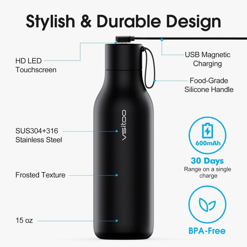 vsitoo 33oz Smart Self Cleaning Water Bottle，Insulated Water Bottle with Stainless Steel, BPA-Free, AI Self-Clean, 30-Day Battery, Magnetic Charging for Travel, Gym or Office, Black - Image 5