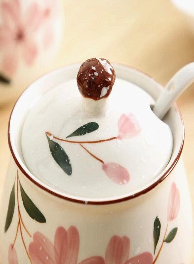 EatingBiting Ceramics Japanese Hand Painted Flower Flora Sugar Bowl Seasoning Sugar Salt Pepper Storage Jar with Lid And Spoon Sugar Storage Jar Seasoning Pot with Lid and Spoon for Home Kitchen - Image 5