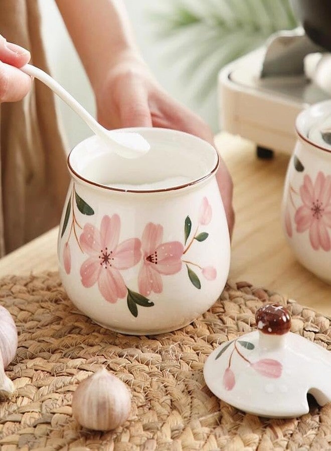 EatingBiting Ceramics Japanese Hand Painted Flower Flora Sugar Bowl Seasoning Sugar Salt Pepper Storage Jar with Lid And Spoon Sugar Storage Jar Seasoning Pot with Lid and Spoon for Home Kitchen - Image 2