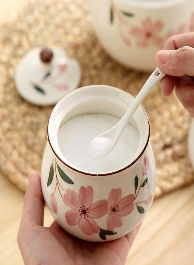 EatingBiting Ceramics Japanese Hand Painted Flower Flora Sugar Bowl Seasoning Sugar Salt Pepper Storage Jar with Lid And Spoon Sugar Storage Jar Seasoning Pot with Lid and Spoon for Home Kitchen - Image 4