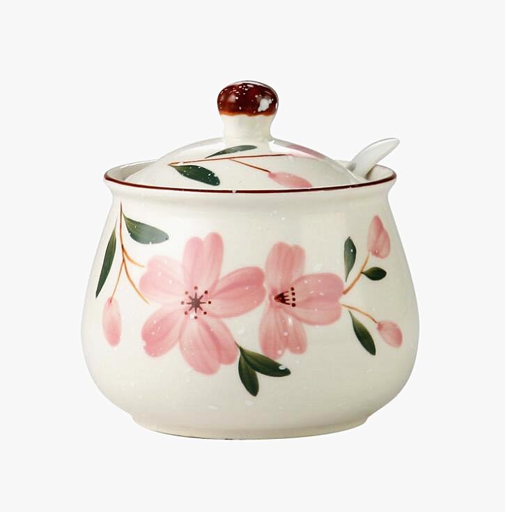EatingBiting Ceramics Japanese Hand Painted Flower Flora Sugar Bowl Seasoning Sugar Salt Pepper Storage Jar with Lid And Spoon Sugar Storage Jar Seasoning Pot with Lid and Spoon for Home Kitchen - Image 1