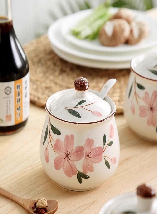EatingBiting Ceramics Japanese Hand Painted Flower Flora Sugar Bowl Seasoning Sugar Salt Pepper Storage Jar with Lid And Spoon Sugar Storage Jar Seasoning Pot with Lid and Spoon for Home Kitchen - Image 3