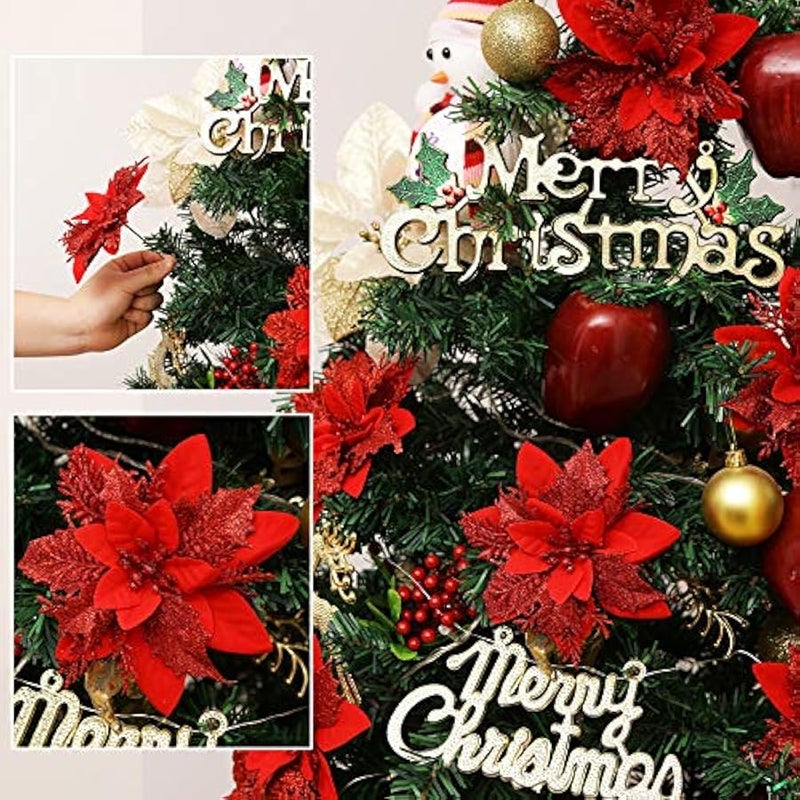 عربست 12 قطعة من زهور البونسيتا الصناعية الحمراء اللامعة مقاس 14 سم / 5.5 انش من غرين تايم، مزينة بمشابك وسيقان لامعة، زينة شجرة ، مناسبة لحفلات الزفاف والاعياد، صناعة يدوية - Image 5