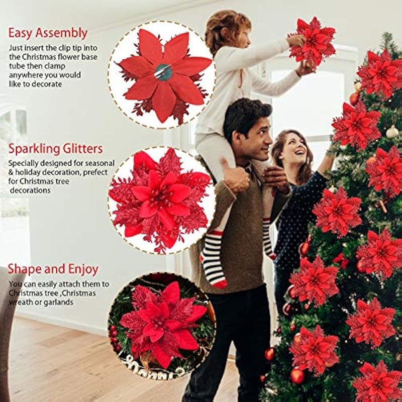 عربست 12 قطعة من زهور البونسيتا الصناعية الحمراء اللامعة مقاس 14 سم / 5.5 انش من غرين تايم، مزينة بمشابك وسيقان لامعة، زينة شجرة ، مناسبة لحفلات الزفاف والاعياد، صناعة يدوية - Image 4