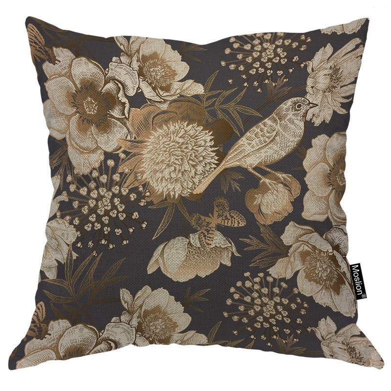 Moslion Throw Pillow Cover Vintage Bird Birds Singing On The Branch with Flower Butterflies Cute Animal Square Pillow Case Cushion Cover for Home Car Decorative Cotton Linen 24x24 Inch