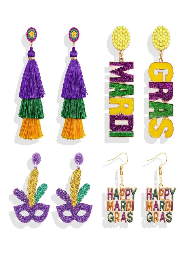Dcfywl731 4 Pairs Mardi Gras Metal Dangle Earrings, Yellow, Mask, Carnival Cosplay Party Jewelry Gifts - Image 1