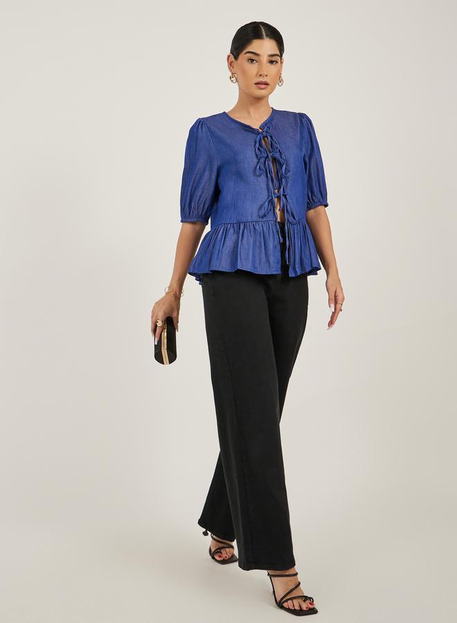 Styli Puff Sleeve Tie-Up Detail Peplum Top - Image 1