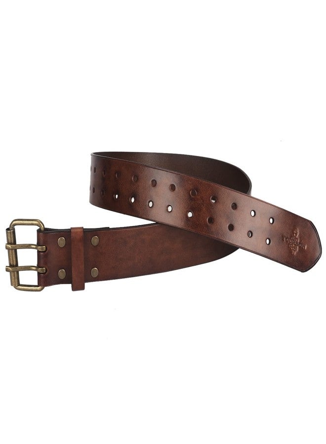 TOURBON Vintage Brown Leather Belt 32-47 inch for Men, 2 inch Wide Work Waist Belt with Double Prong (40-inch Long) - Image 5