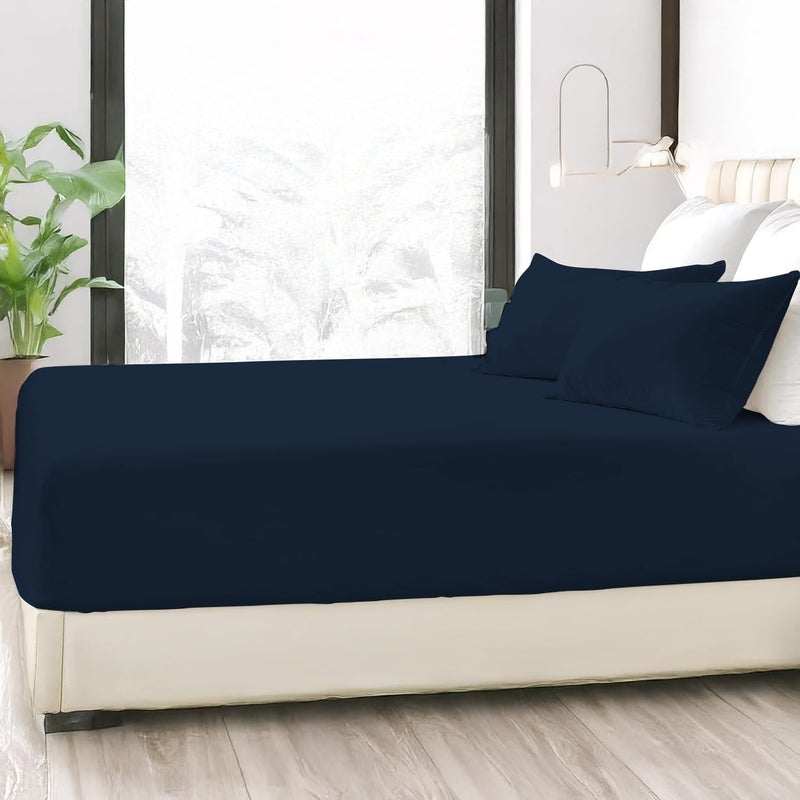 LINENWALAS 100% Egyptian Cotton Single Fitted Sheet (90x190 cm) with 1 Pillowcase – 400 TC Sateen Weave, Soft, Breathable & Cool Long Staple Cotton Bedsheet – 40cm Deep Pocket Bedding (Navy Blue) - Image 3