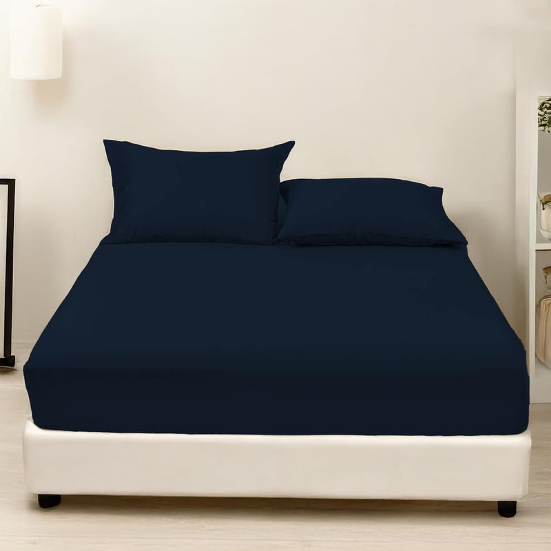 LINENWALAS 100% Egyptian Cotton Single Fitted Sheet (90x190 cm) with 1 Pillowcase – 400 TC Sateen Weave, Soft, Breathable & Cool Long Staple Cotton Bedsheet – 40cm Deep Pocket Bedding (Navy Blue) - Image 2