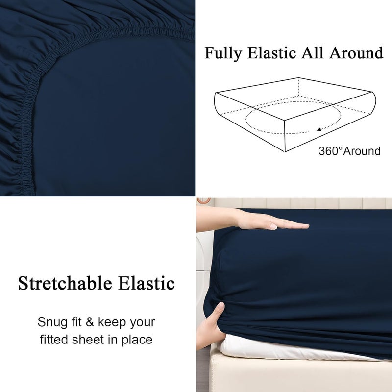 LINENWALAS 100% Egyptian Cotton Single Fitted Sheet (90x190 cm) with 1 Pillowcase – 400 TC Sateen Weave, Soft, Breathable & Cool Long Staple Cotton Bedsheet – 40cm Deep Pocket Bedding (Navy Blue) - Image 4