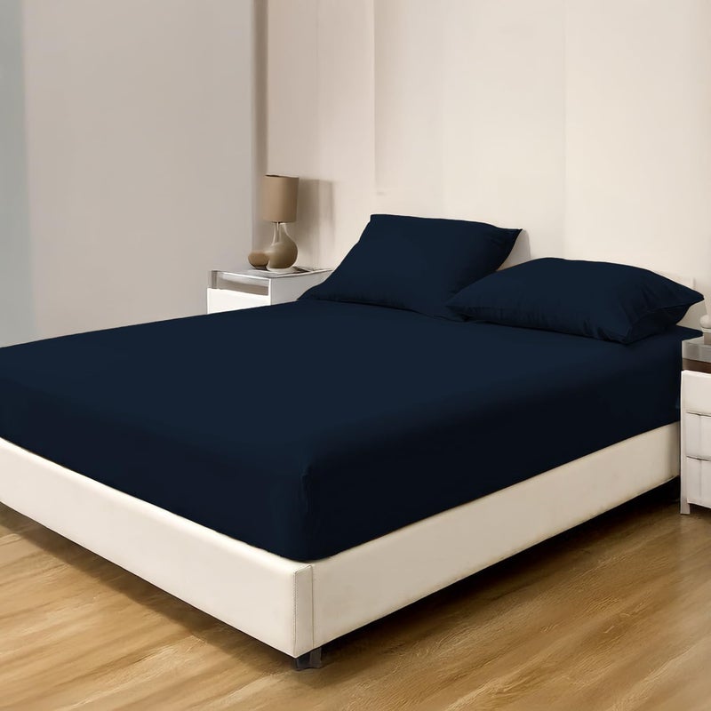 LINENWALAS 100% Egyptian Cotton Single Fitted Sheet (90x190 cm) with 1 Pillowcase – 400 TC Sateen Weave, Soft, Breathable & Cool Long Staple Cotton Bedsheet – 40cm Deep Pocket Bedding (Navy Blue) - Image 1