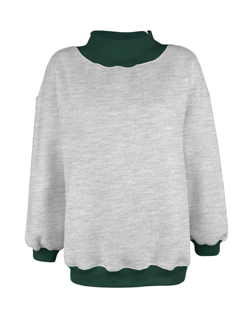 PRETTODAY Women's Oversized Sweatshirts Color Block Turtleneck Fleece Pullover Tops Long Sleeve Loose Fall Fashion Outfits Grey/Green - Image 3
