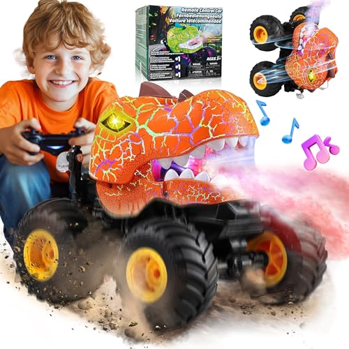 BEZGAR Monster Truck Toys Remote Control Monster Truck with Spray Light Music Dinosaur Toys for Kids 120 Scale RC Truck with 360 Spins and Drifting Remote Control Car for Boys 47 Orange - Image 1