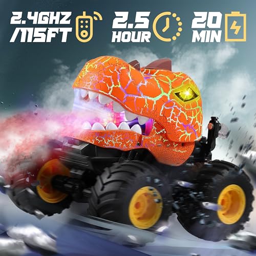 BEZGAR Monster Truck Toys Remote Control Monster Truck with Spray Light Music Dinosaur Toys for Kids 120 Scale RC Truck with 360 Spins and Drifting Remote Control Car for Boys 47 Orange - Image 5