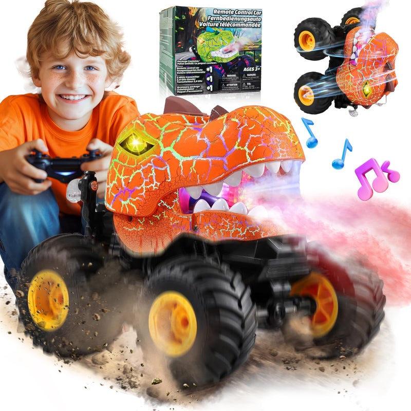 BEZGAR Monster Truck Toys Remote Control Monster Truck with Spray Light Music Dinosaur Toys for Kids 120 Scale RC Truck with 360 Spins and Drifting Remote Control Car for Boys 47 Orange - Image 3