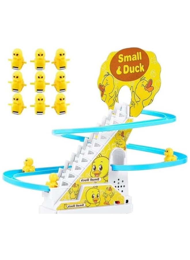 IAF Duck Slide Toy,Electric Duck Climbing Stairs Tracks Slide Toy Set,Duck Roller Coaster Toy with Flashing Lights & Music On/Off Button - Image 1