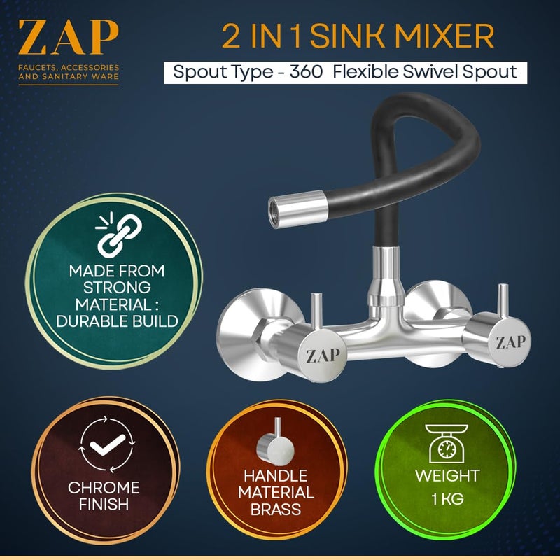 ZAP خلاط حوض بمخرج واحد من سلسلة إليكسير | مخرج سيليكون بطول 7 إنش | هيكل نحاسي | صنبور ماء ساخن وبارد لحوض المطبخ | تشطيب أسود - Image 2