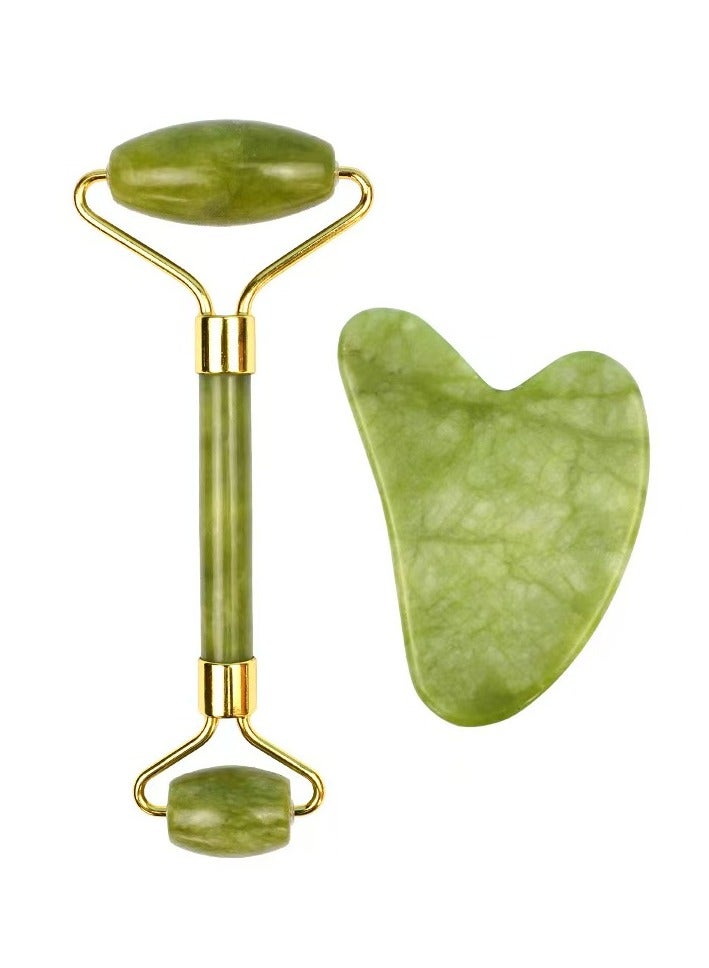 Roller Massage Stick & Gua Sha Set - 100% Natural Stone Facial Massage Tools for Lymphatic Drainage, Anti-Puffiness & Glowing Skin, Spa-Quality Skincare, Gift-Ready Packaging (Green) - Image 1