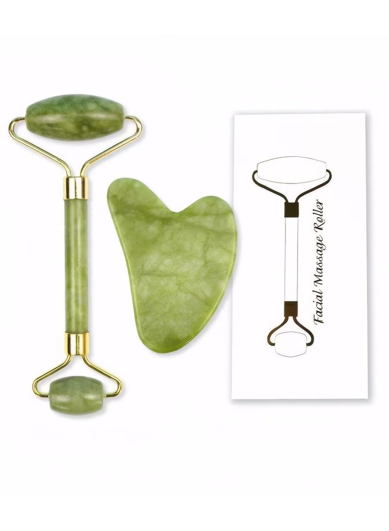 Roller Massage Stick & Gua Sha Set - 100% Natural Stone Facial Massage Tools for Lymphatic Drainage, Anti-Puffiness & Glowing Skin, Spa-Quality Skincare, Gift-Ready Packaging (Green) - Image 2