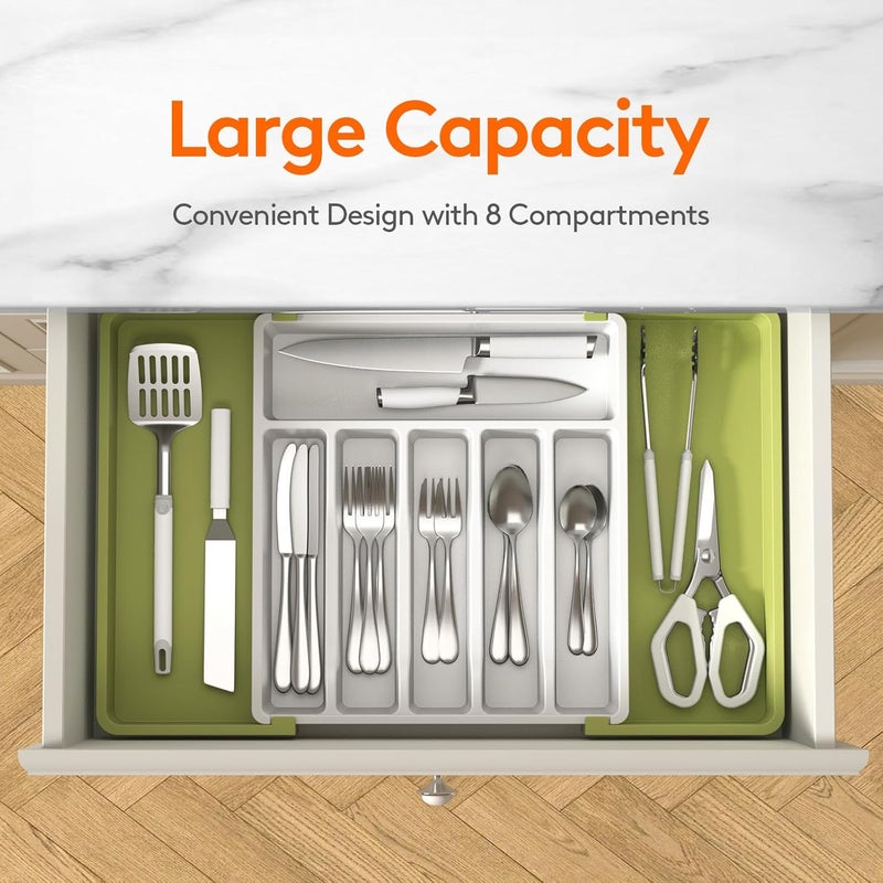 Lifewit Silverware Drawer Organizer, Expandable Utensil Tray for Kitchen, BPA Free Flatware and Cutlery Holder, Adjustable Plastic Storage for Spoons Forks Knives, 13-22 x 15", Green&White - Image 2