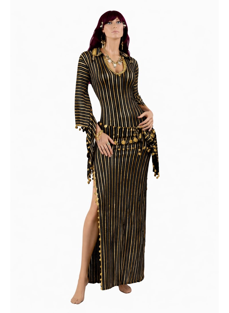Women's Belly Dance Dress Free Size – Stretch Lycra Long Dress with Gold and Black Stripes & Coin Belt – Fits M to XL - Image 1