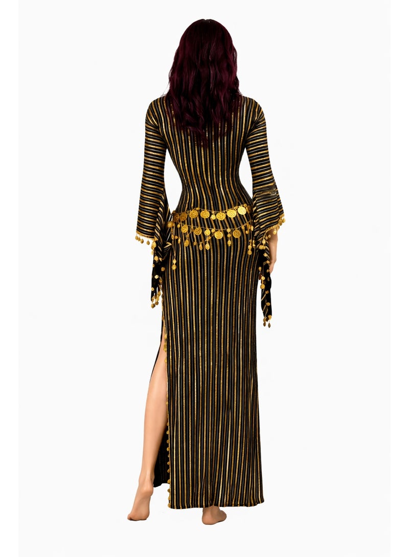 Women's Belly Dance Dress Free Size – Stretch Lycra Long Dress with Gold and Black Stripes & Coin Belt – Fits M to XL - Image 2