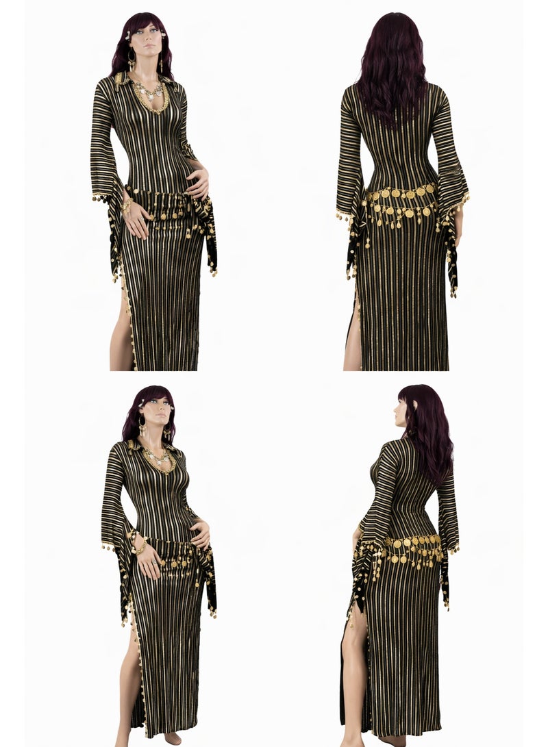 Women's Belly Dance Dress Free Size – Stretch Lycra Long Dress with Gold and Black Stripes & Coin Belt – Fits M to XL - Image 3