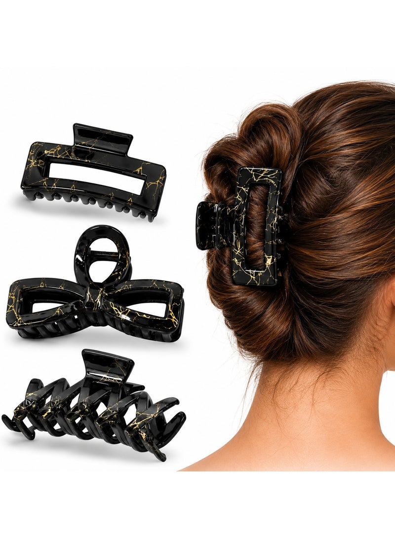 CHEEMAISTIC 3 PCS Black Marble Hair Claw Clips for Women, Strong Hold Hair Clips for Thick Thin Curly Straight Hair, Large Fashion Claw Clips Non Slip Hair Accessories for Girls Daily Wear Office Party - Image 1