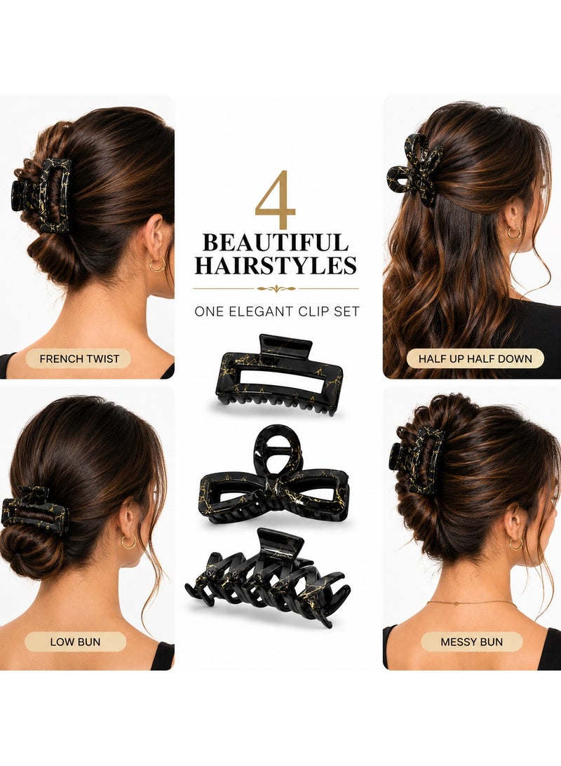 CHEEMAISTIC 3 PCS Black Marble Hair Claw Clips for Women, Strong Hold Hair Clips for Thick Thin Curly Straight Hair, Large Fashion Claw Clips Non Slip Hair Accessories for Girls Daily Wear Office Party - Image 3