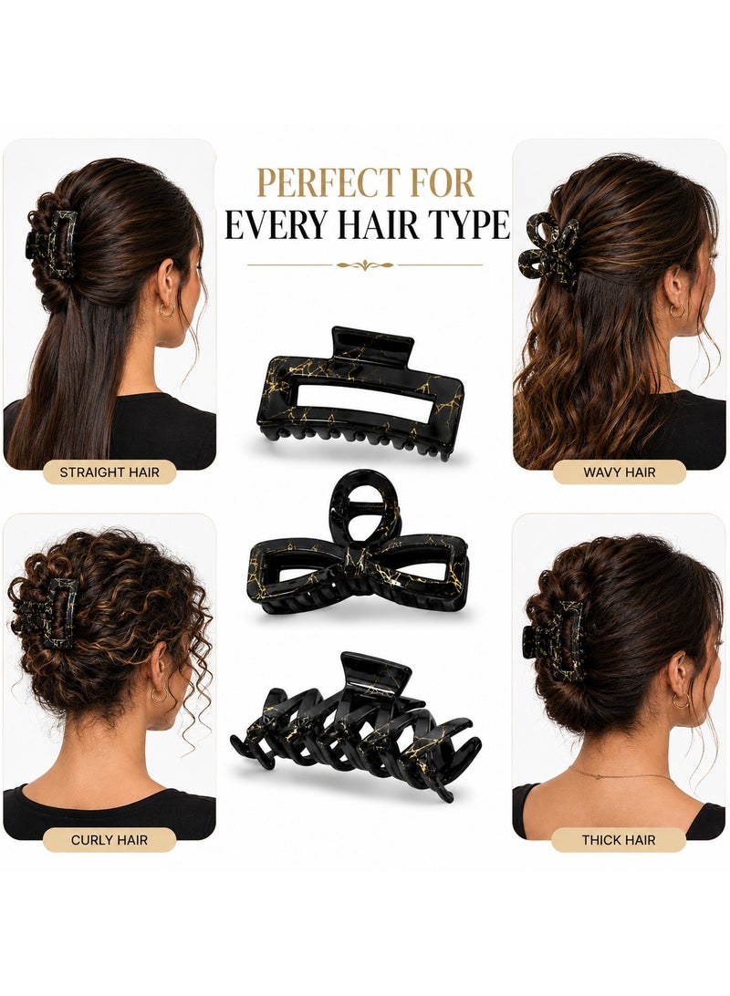 CHEEMAISTIC 3 PCS Black Marble Hair Claw Clips for Women, Strong Hold Hair Clips for Thick Thin Curly Straight Hair, Large Fashion Claw Clips Non Slip Hair Accessories for Girls Daily Wear Office Party - Image 4