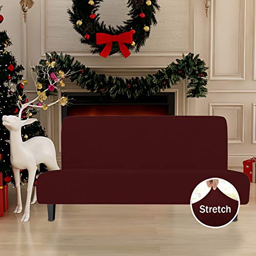 Easy-Going Stretch Futon Slipcover Armless Sofa Cover Furniture Protector Without Armrests Slipcover Soft with Elastic Bottom for Kids, Spandex Jacquard Fabric Small Checks(futon,Wine) - Image 2