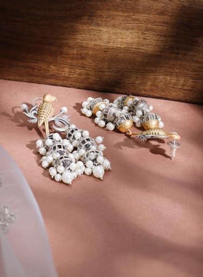 Rubans Latest Oxidized Rhodium Plated White Pearl & Birds Design Handcrafted Trendy Multi Jhumka Earrings for Women & Girls, Perfect for any Festive Occasions - Image 4