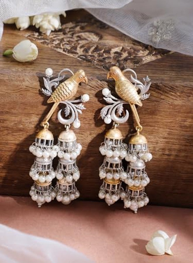 Rubans Latest Oxidized Rhodium Plated White Pearl & Birds Design Handcrafted Trendy Multi Jhumka Earrings for Women & Girls, Perfect for any Festive Occasions - Image 3