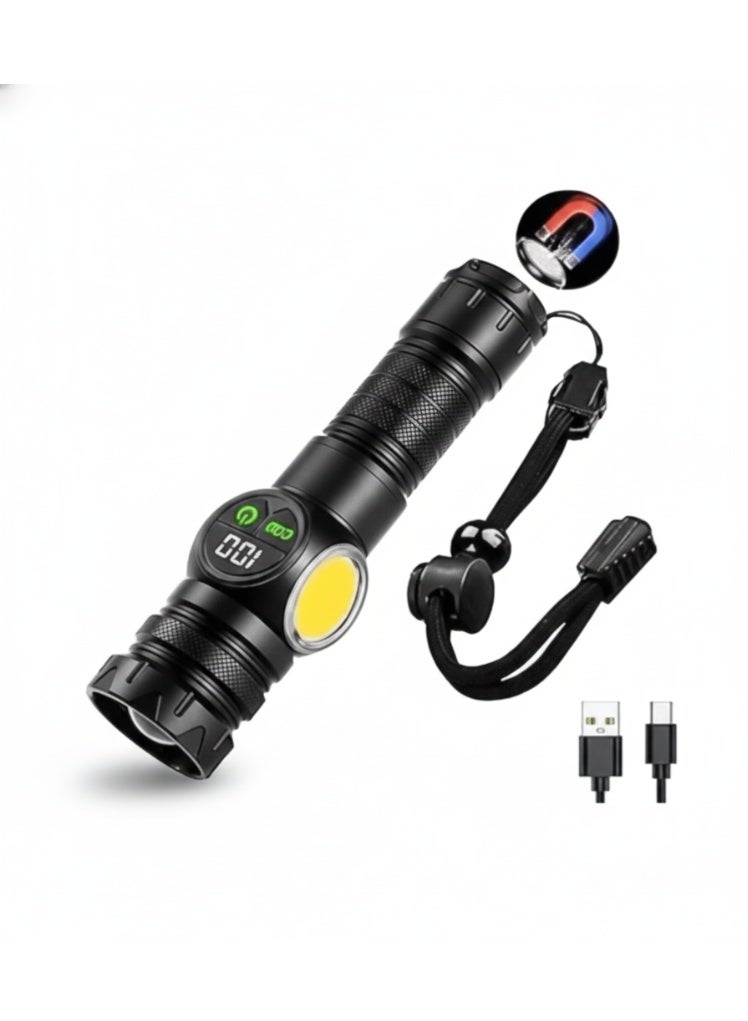 LED Flashlight USB Rechargeable | Alloy Torch with Digital Display, Telescopic Zoom, COB Side Light & Magnetic Base - Image 2